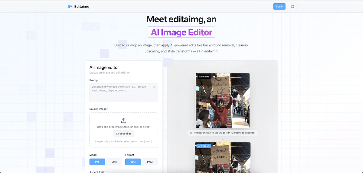 Editaimg AI Image Editor product preview for startup listing on Aura++