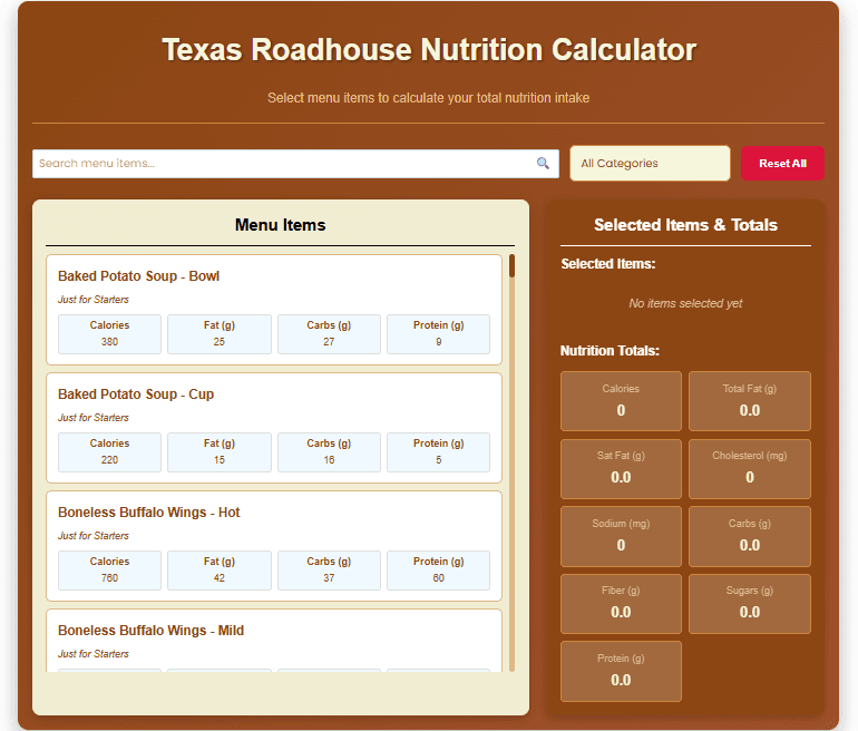 Texas Roadhouse Nutrition Calculator