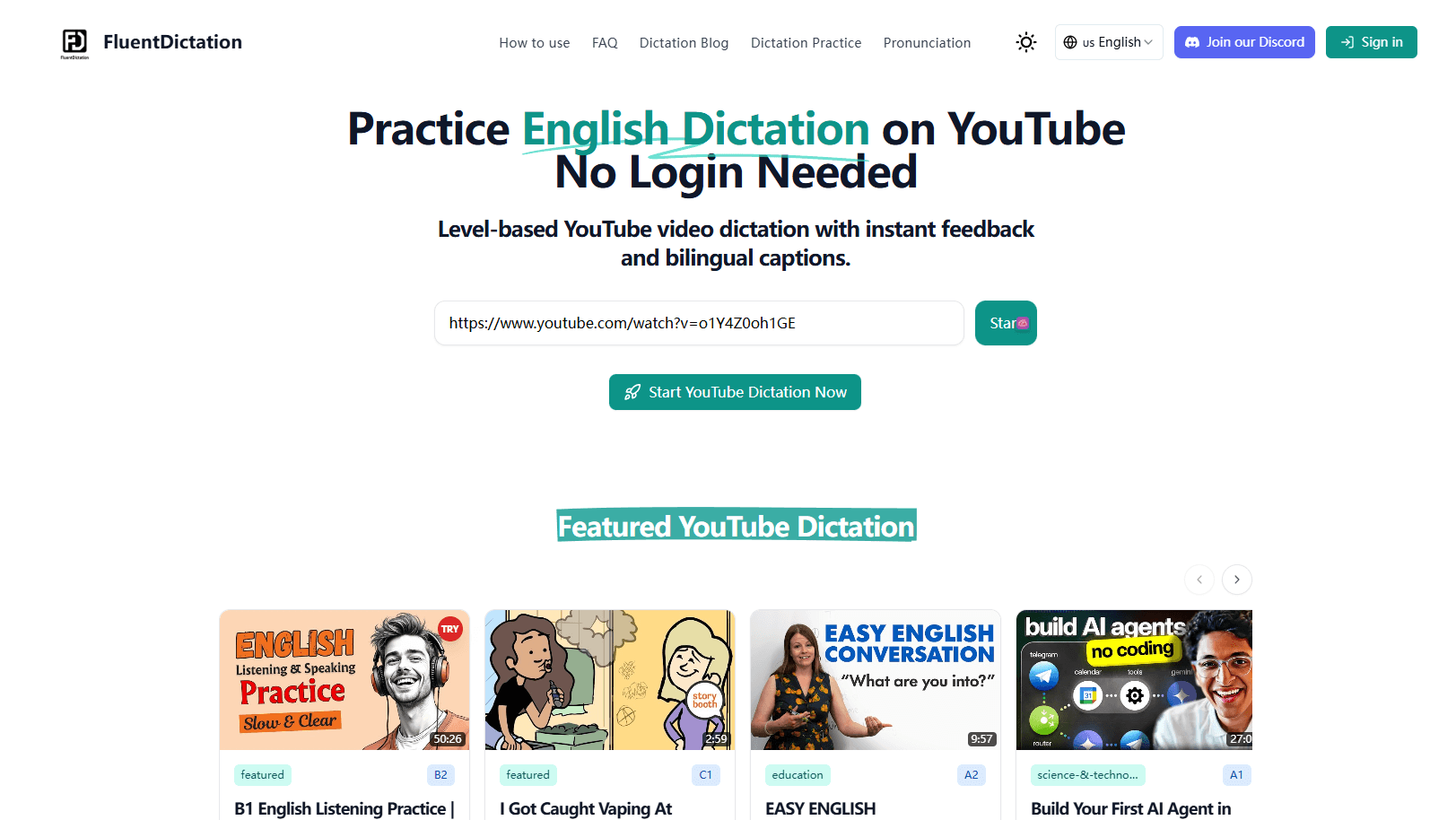 FluentDictation - Interactive YouTube English Practice