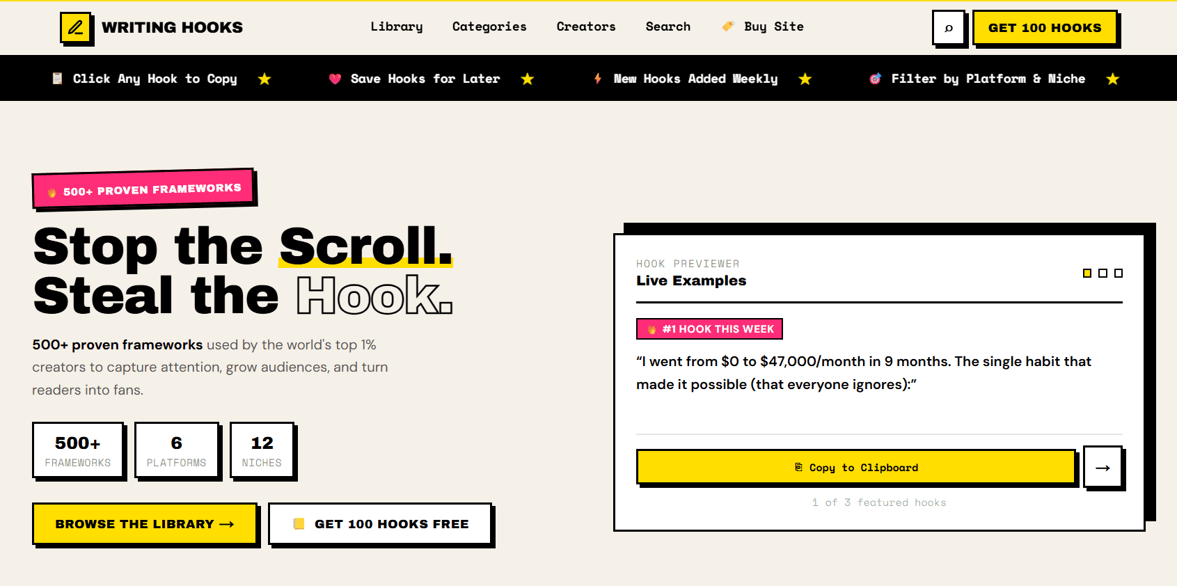 Writing Hooks Library for Creators product preview for startup listing on Aura++