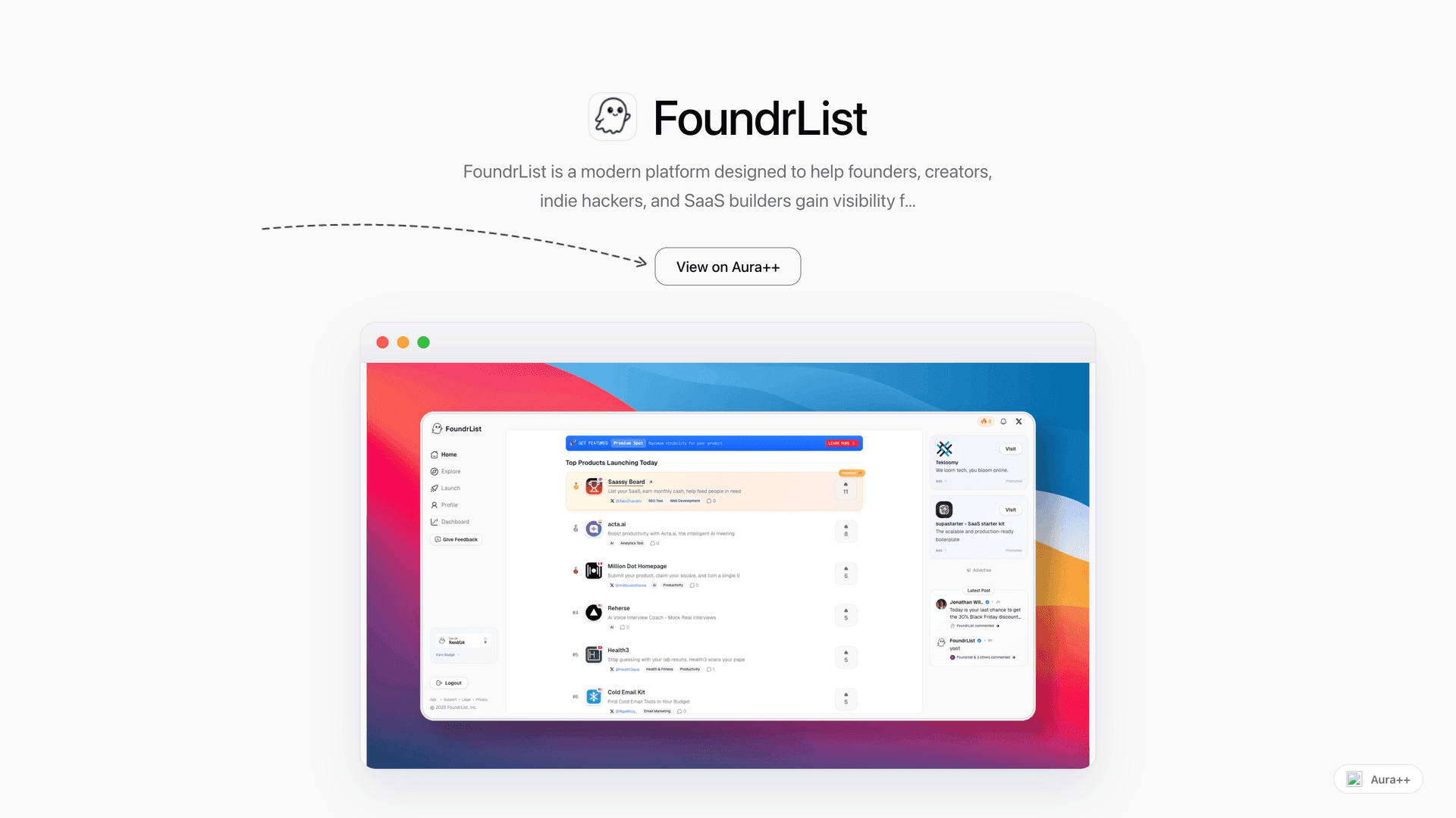 FoundrList - Startup Discovery Platform launch story featured image on Aura++