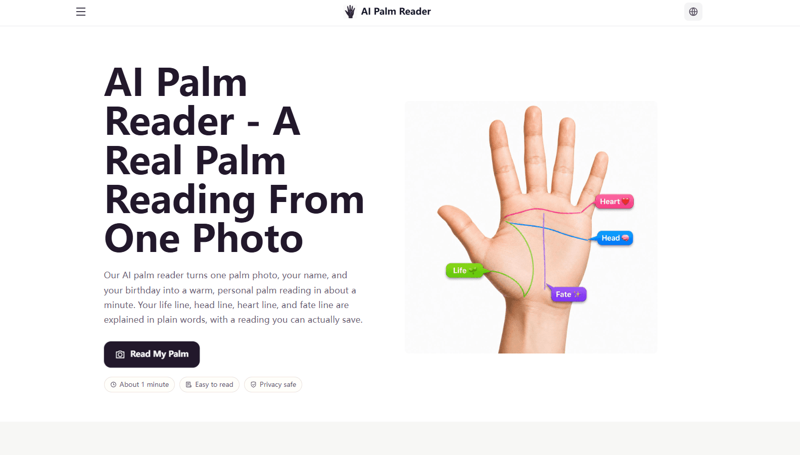 Palm Reader product preview for startup listing on Aura++