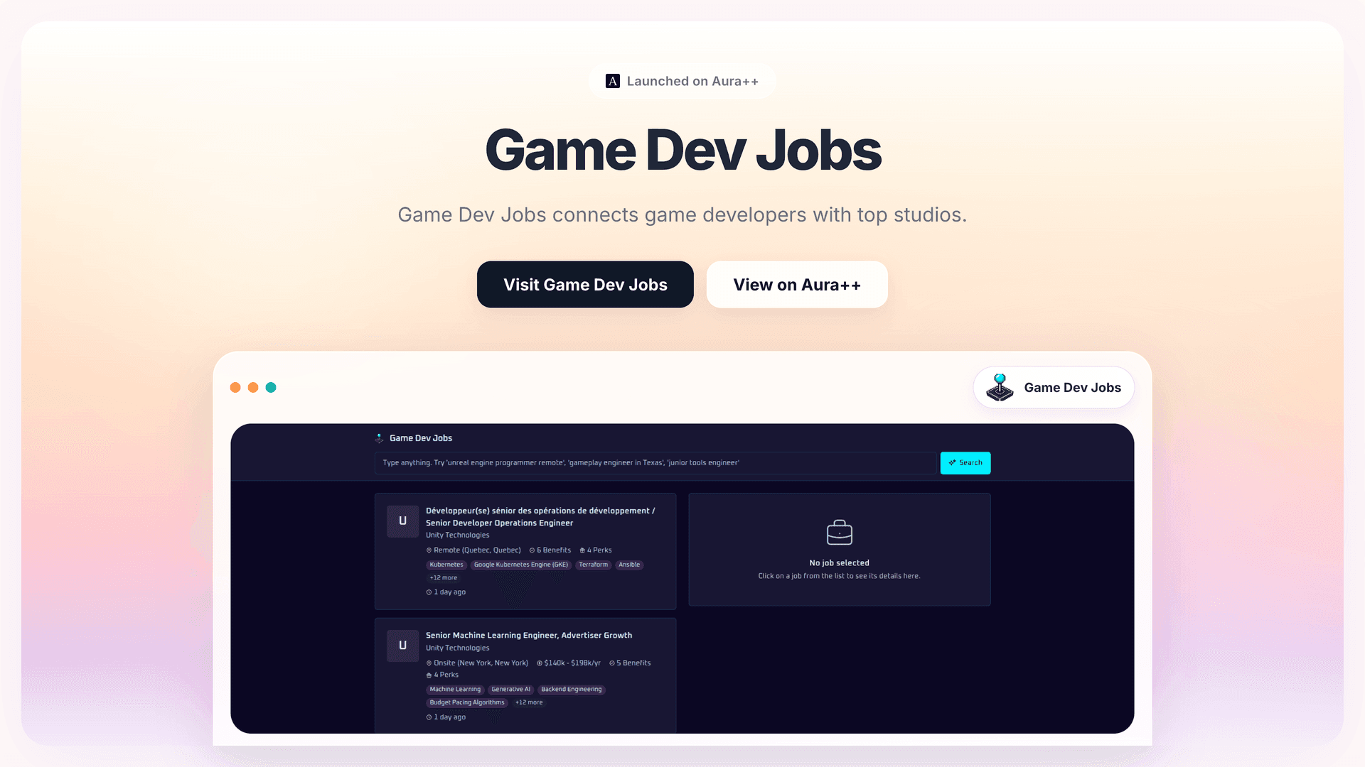 Game Dev Jobs launch story featured image on Aura++