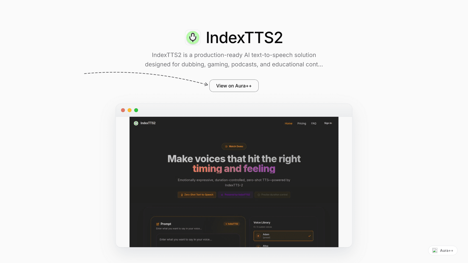 IndexTTS2 - Advanced AI Text-to-Speech launch story featured image on Aura++