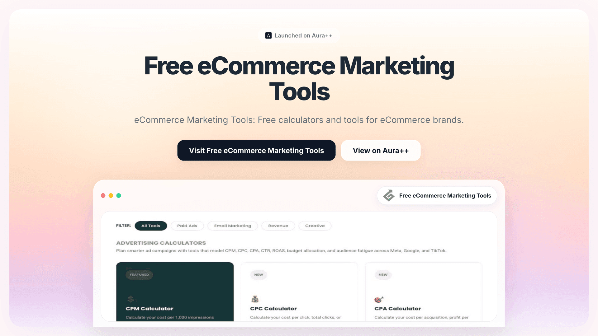 Free eCommerce Marketing Tools launch featured image on Aura++