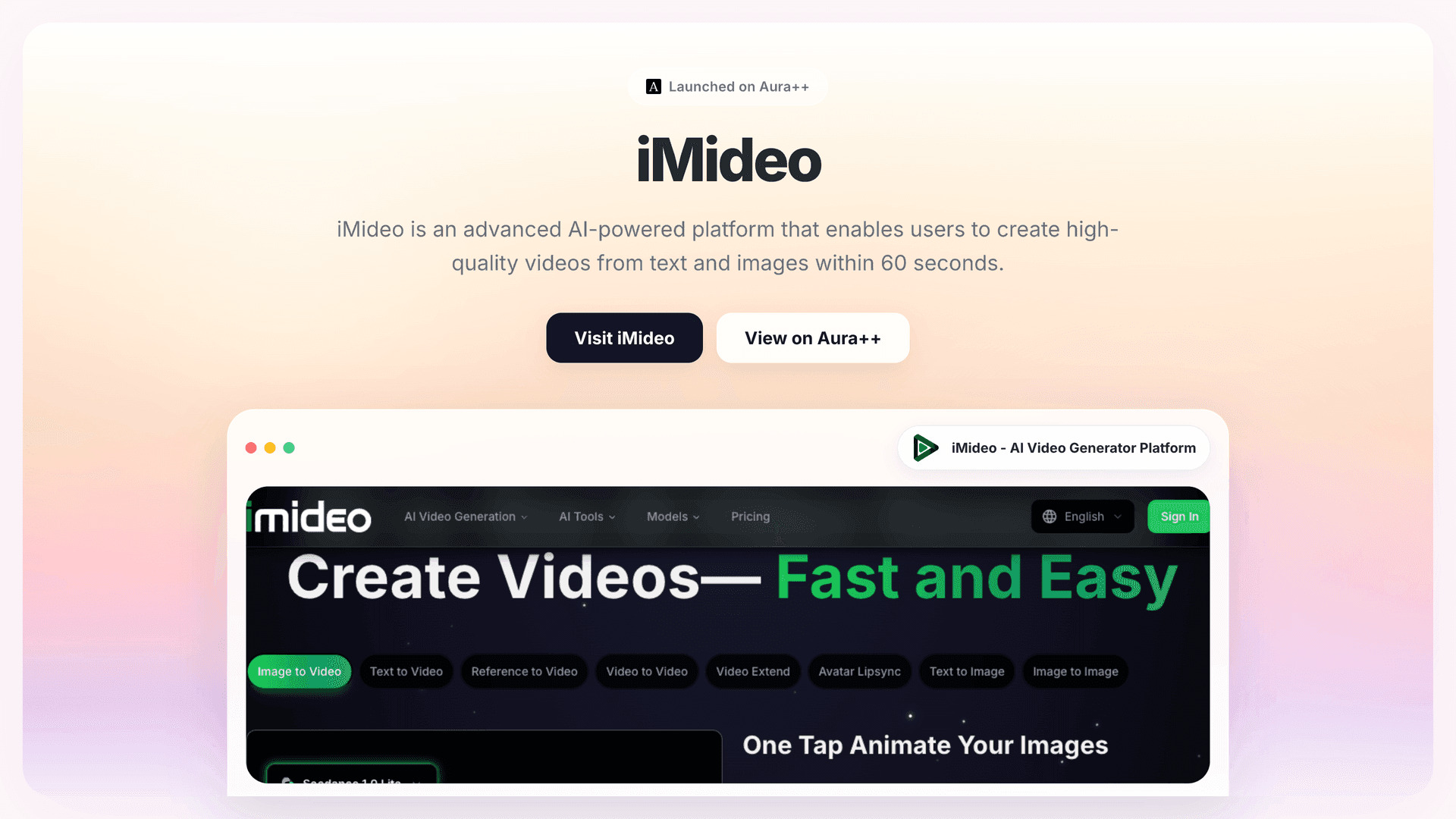 iMideo - AI Video Generator Platform launch featured image on Aura++