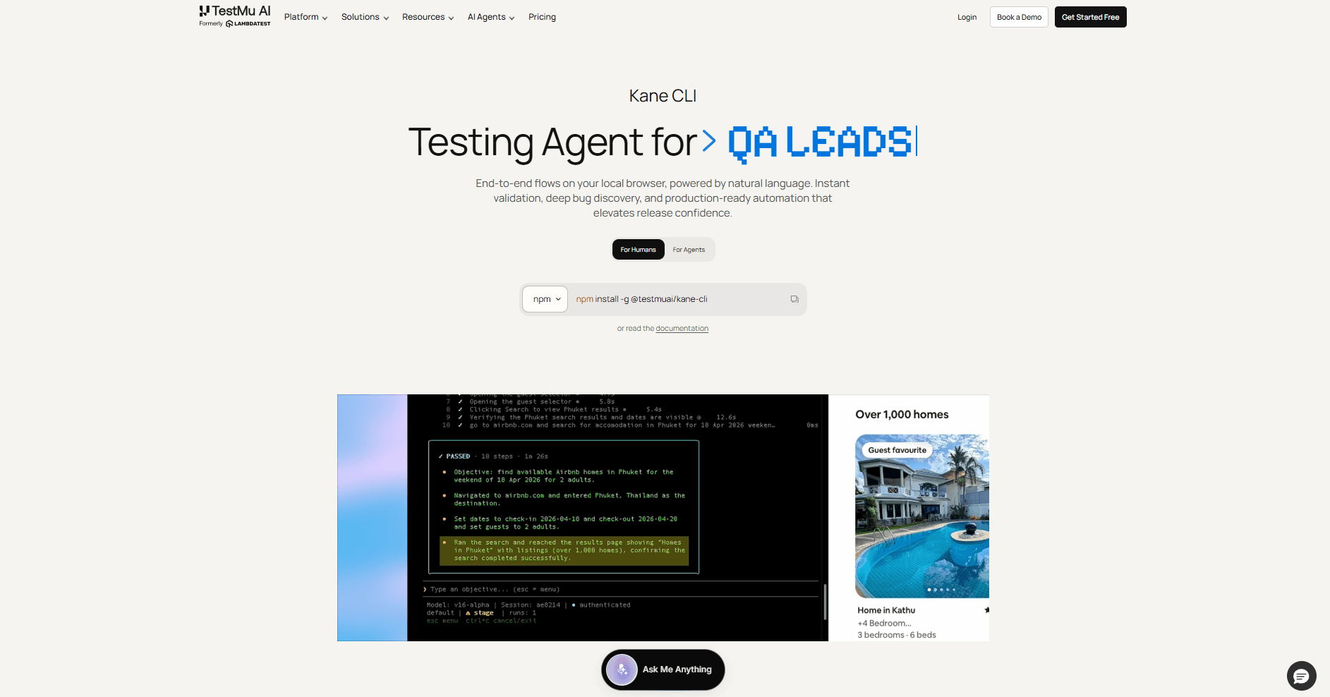 Kane CLI by TestMu AI product preview for startup listing on Aura++