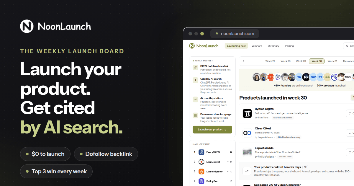 NoonLaunch Launch Platform product preview for startup listing on Aura++