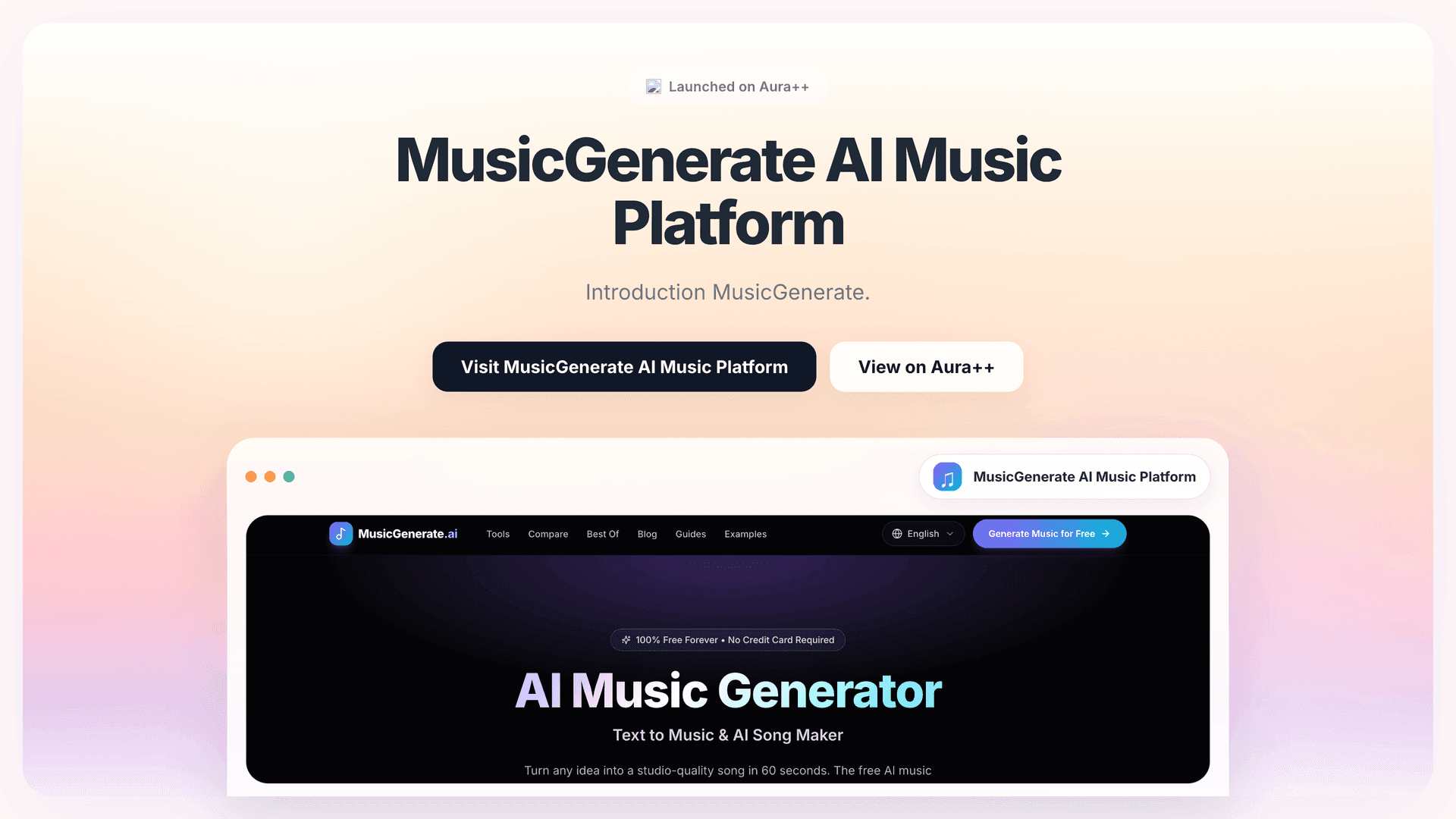 MusicGenerate AI Music Platform launch story featured image on Aura++