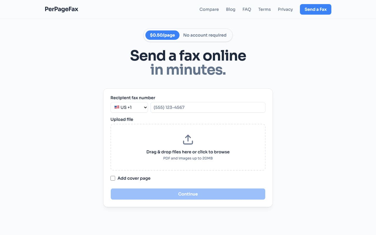 PerPageFax product preview for startup listing on Aura++