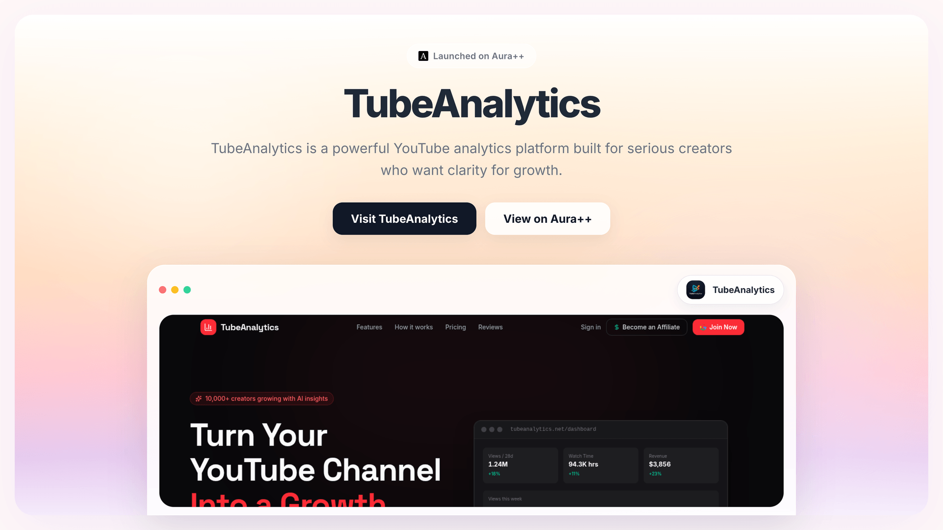 TubeAnalytics launch story featured image on Aura++