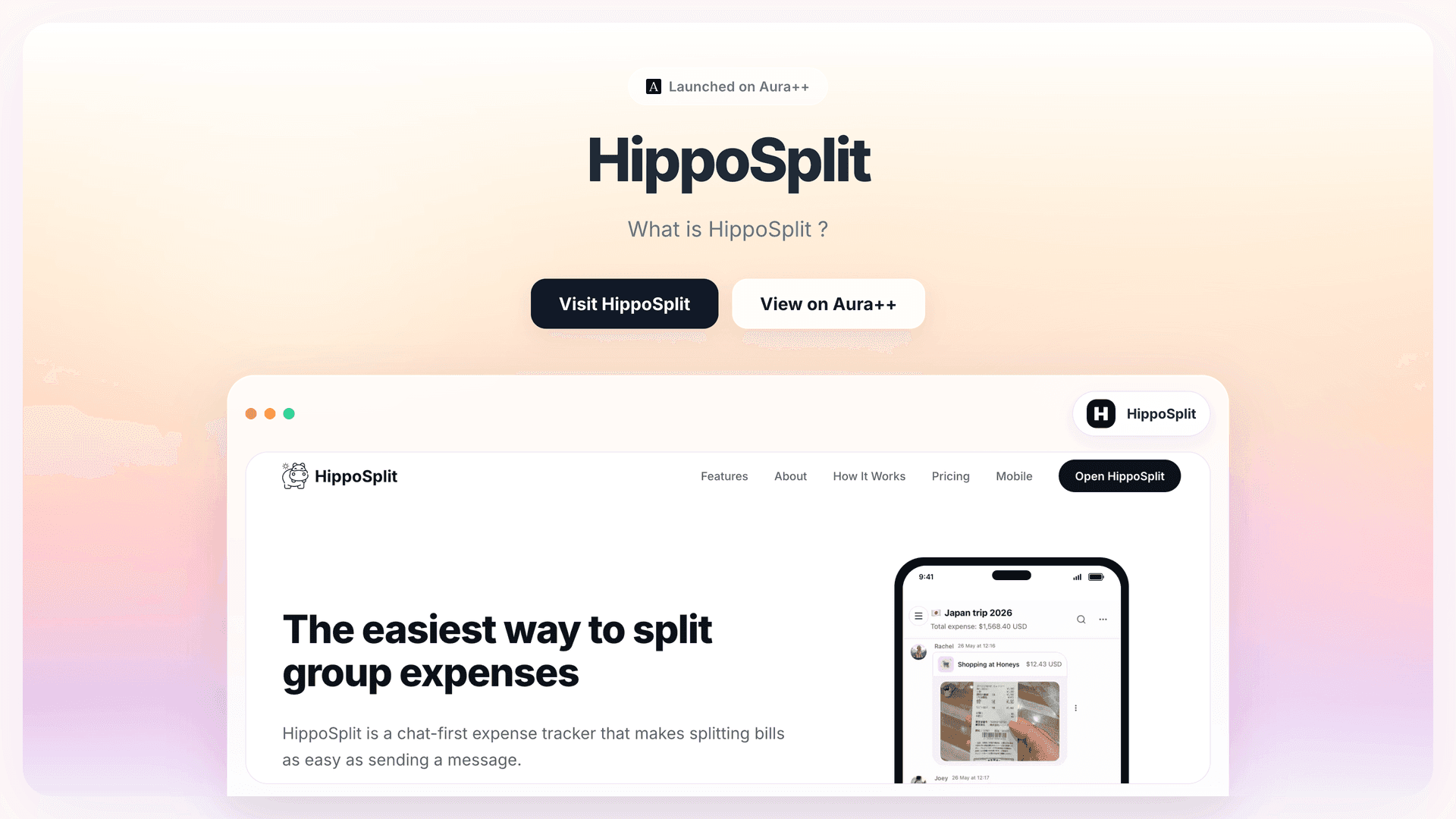 HippoSplit launch featured image on Aura++