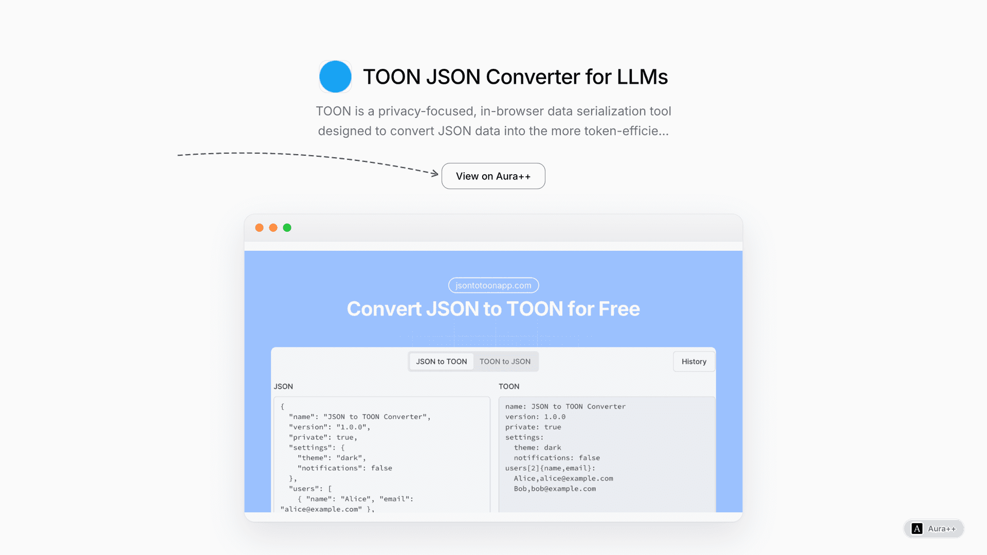 TOON JSON Converter for LLMs launch story featured image on Aura++