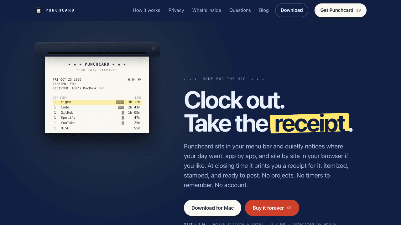 Punchcard product preview for startup listing on Aura++