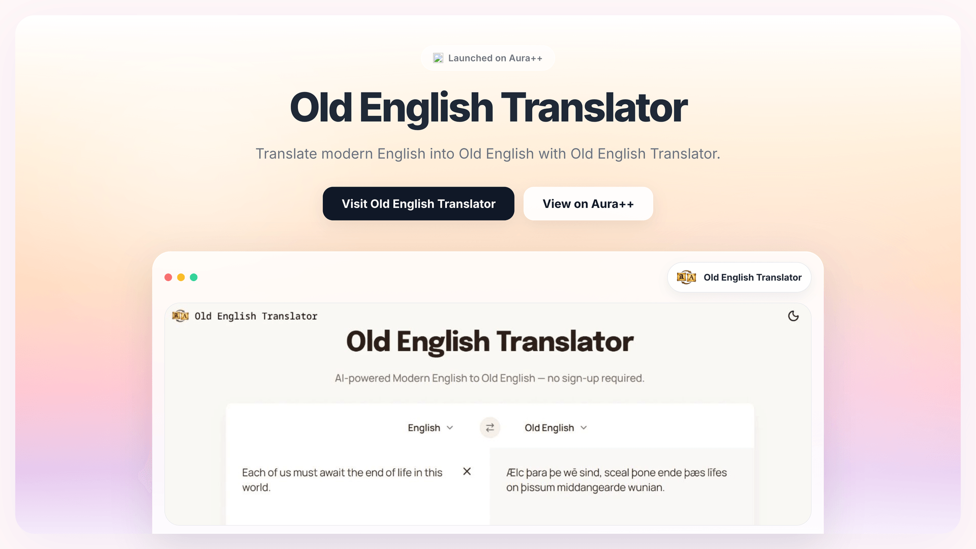 Old English Translator launch featured image on Aura++