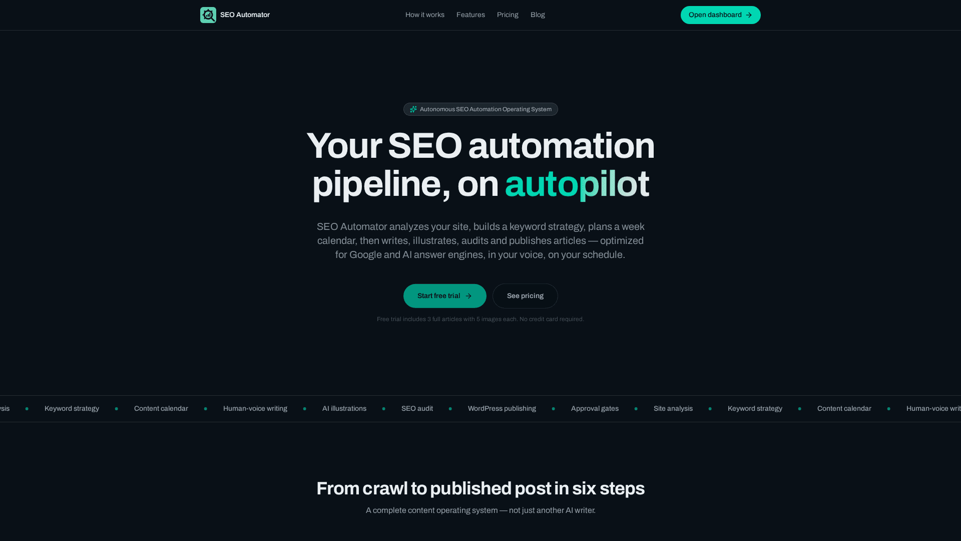 SEO Automator: AI-Powered SEO Content System product preview for startup listing on Aura++