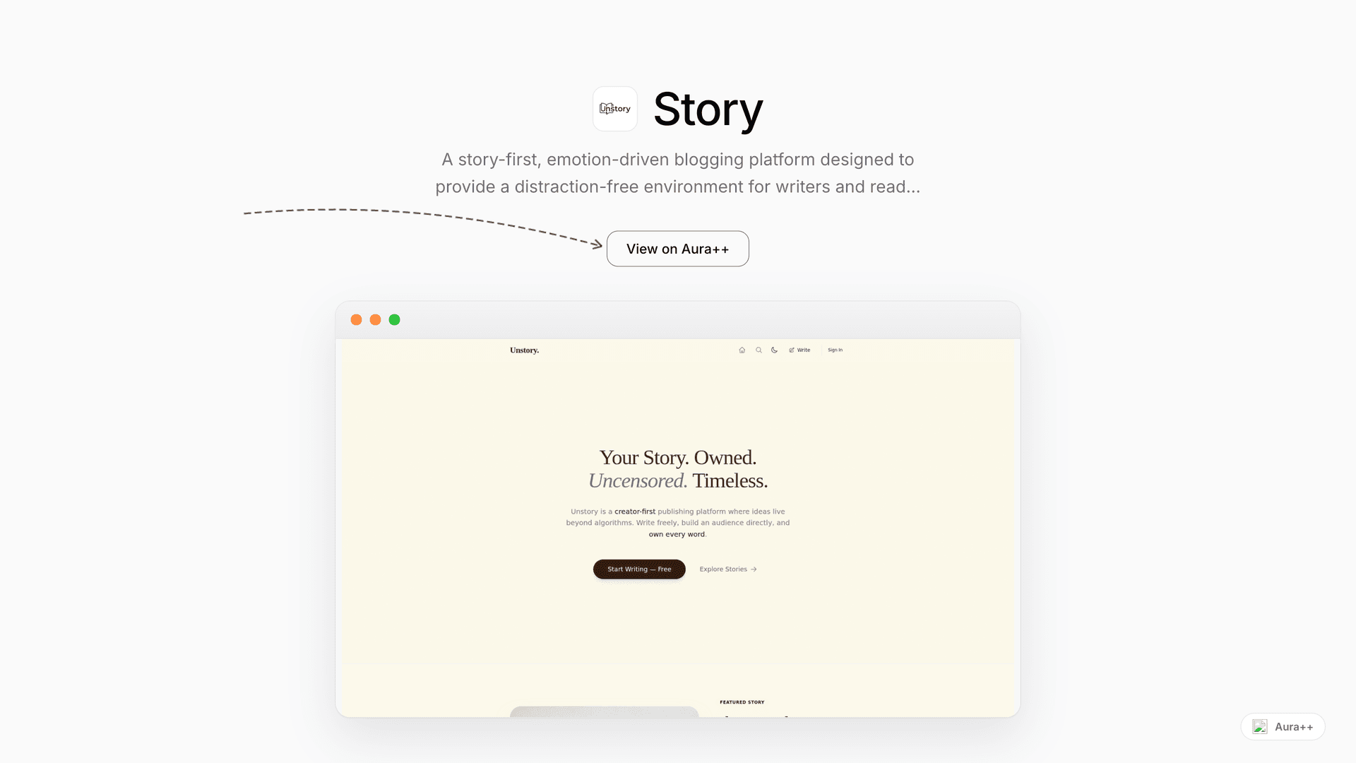 Story-First Blogging Platform launch featured image on Aura++