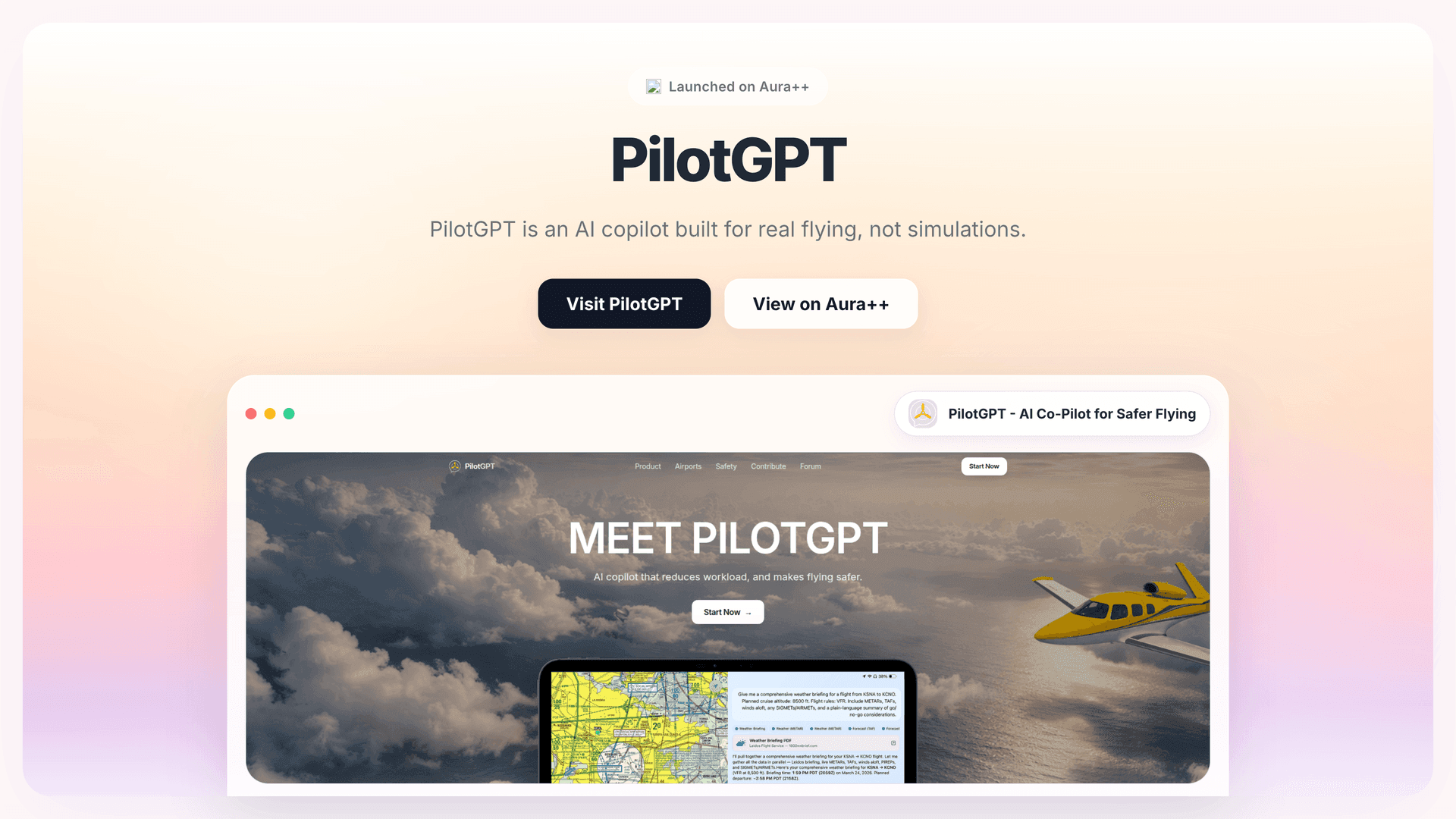 PilotGPT - AI Co-Pilot for Safer Flying launch story featured image on Aura++