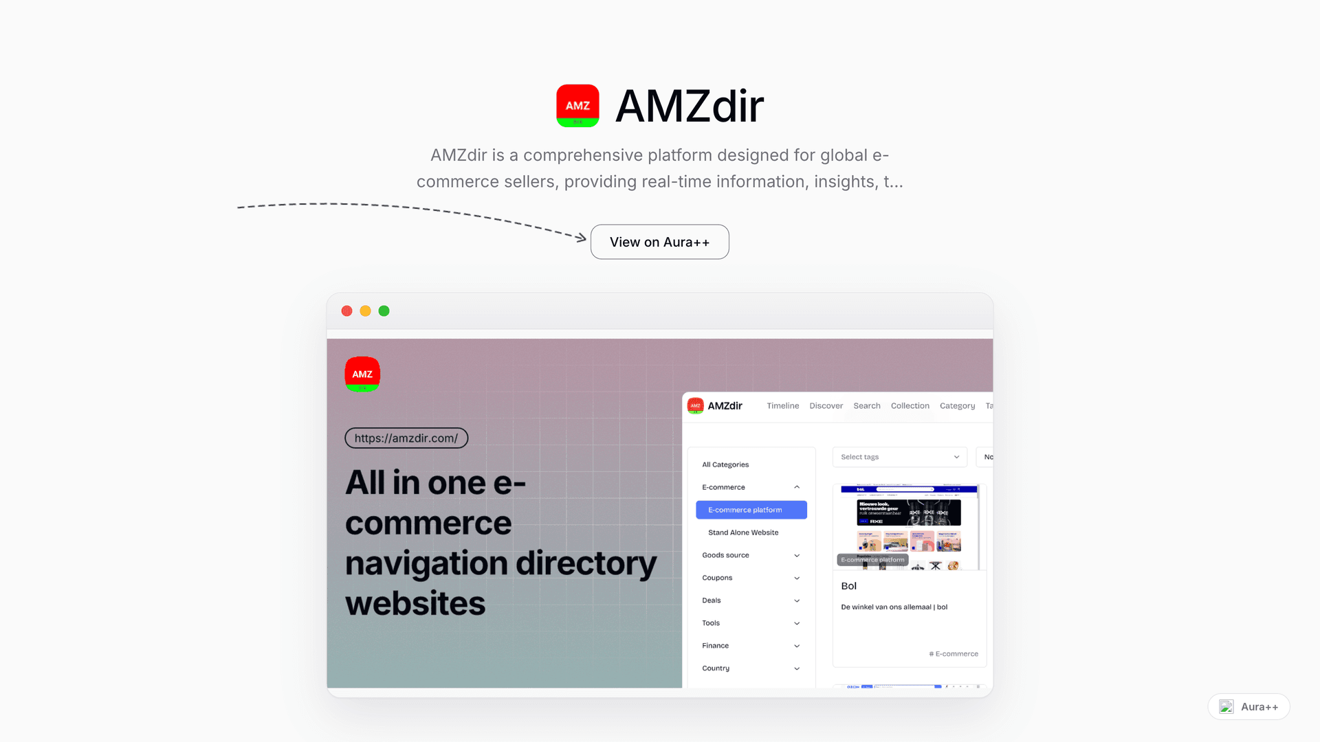 AMZdir - Global E-commerce Directory launch story featured image on Aura++