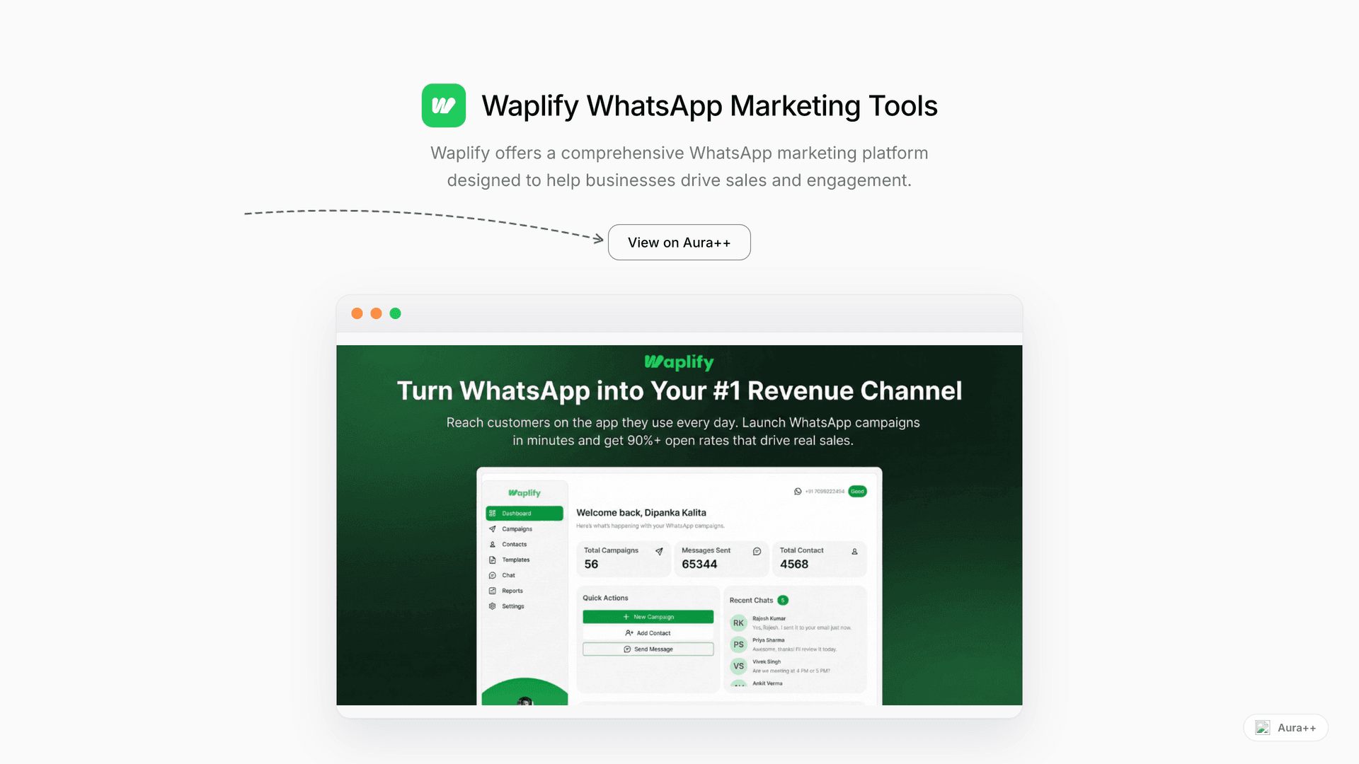 Waplify WhatsApp Marketing Tools launch story featured image on Aura++