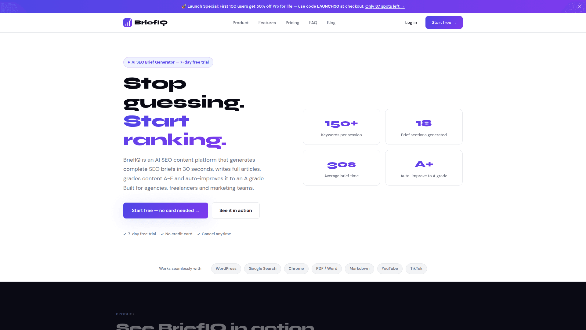 BriefIQ: AI SEO Content Platform product preview for startup listing on Aura++