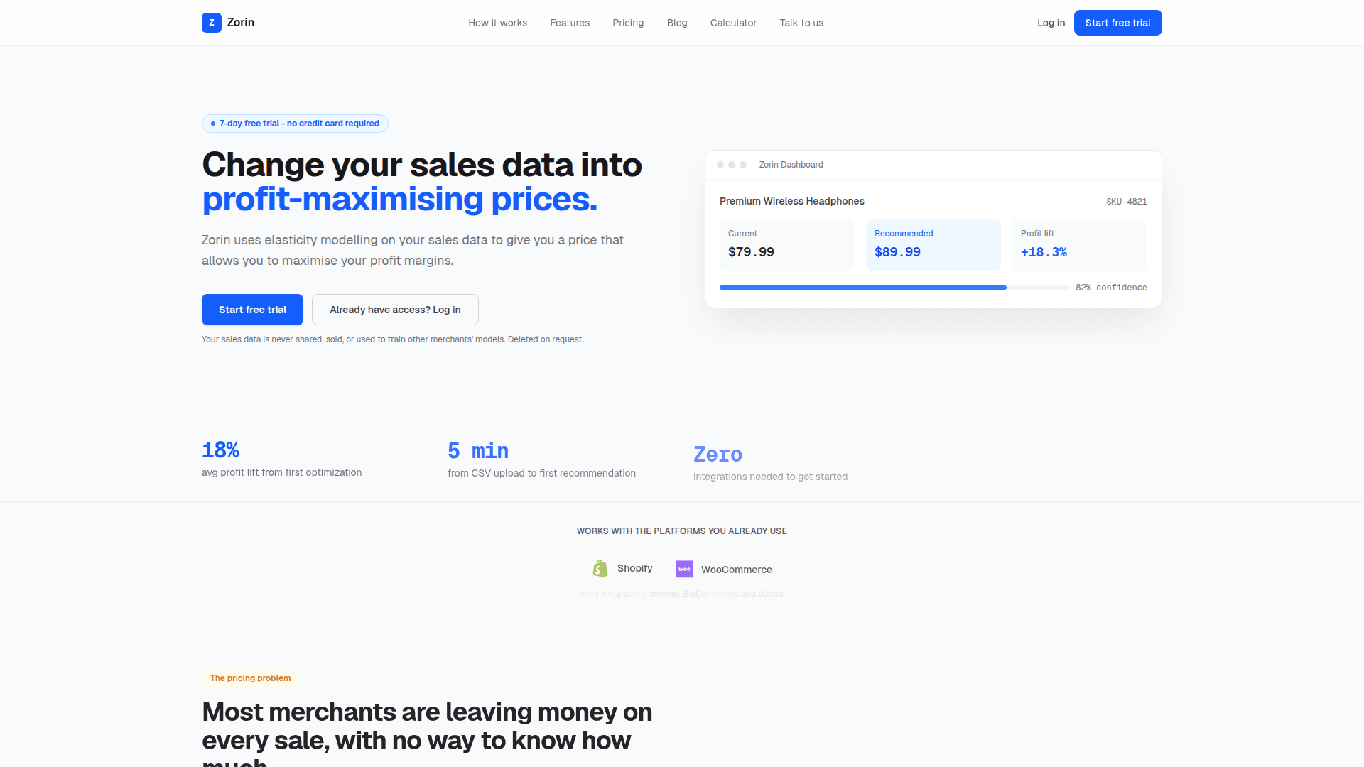 Zorin: Data-Driven Pricing Optimization product preview for startup listing on Aura++