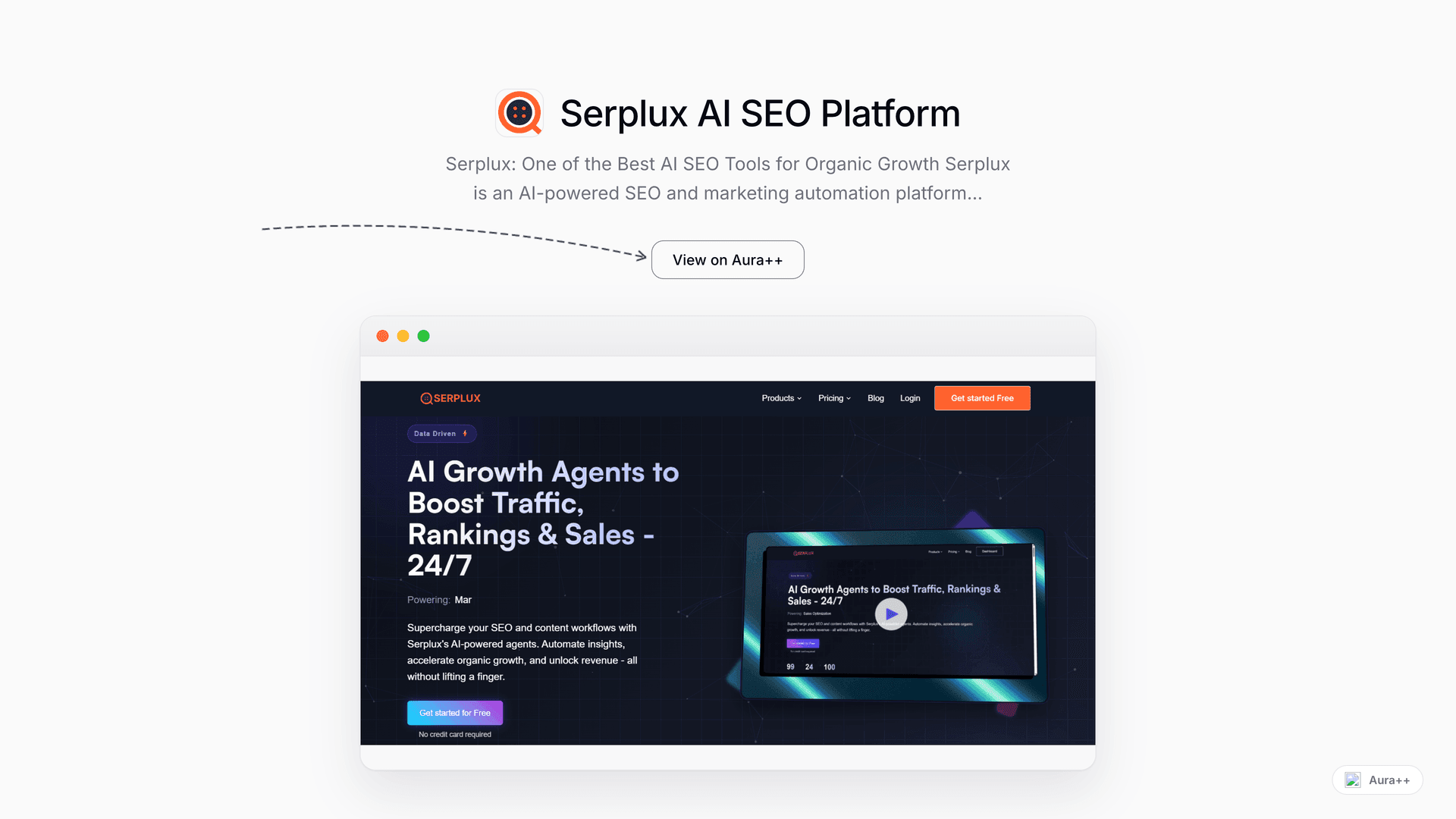 Serplux AI SEO Platform launch story featured image on Aura++