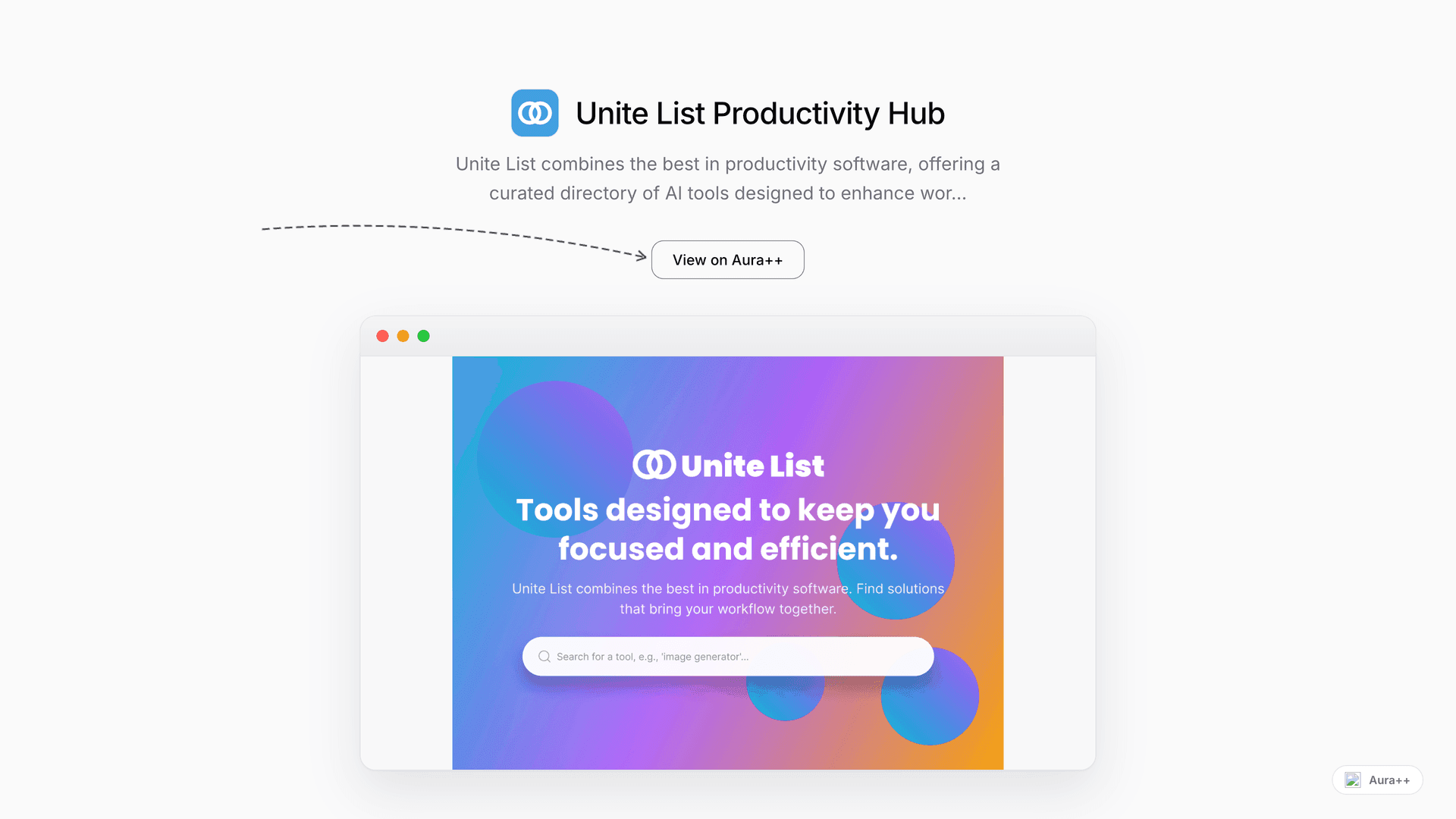 Unite List Productivity Hub launch story featured image on Aura++