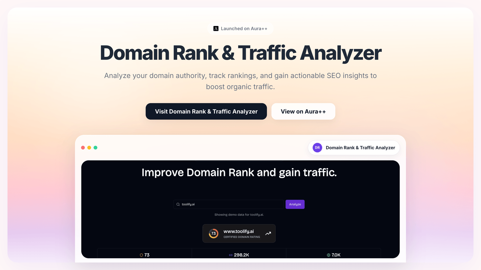 Domain Rank & Traffic Analyzer launch featured image on Aura++