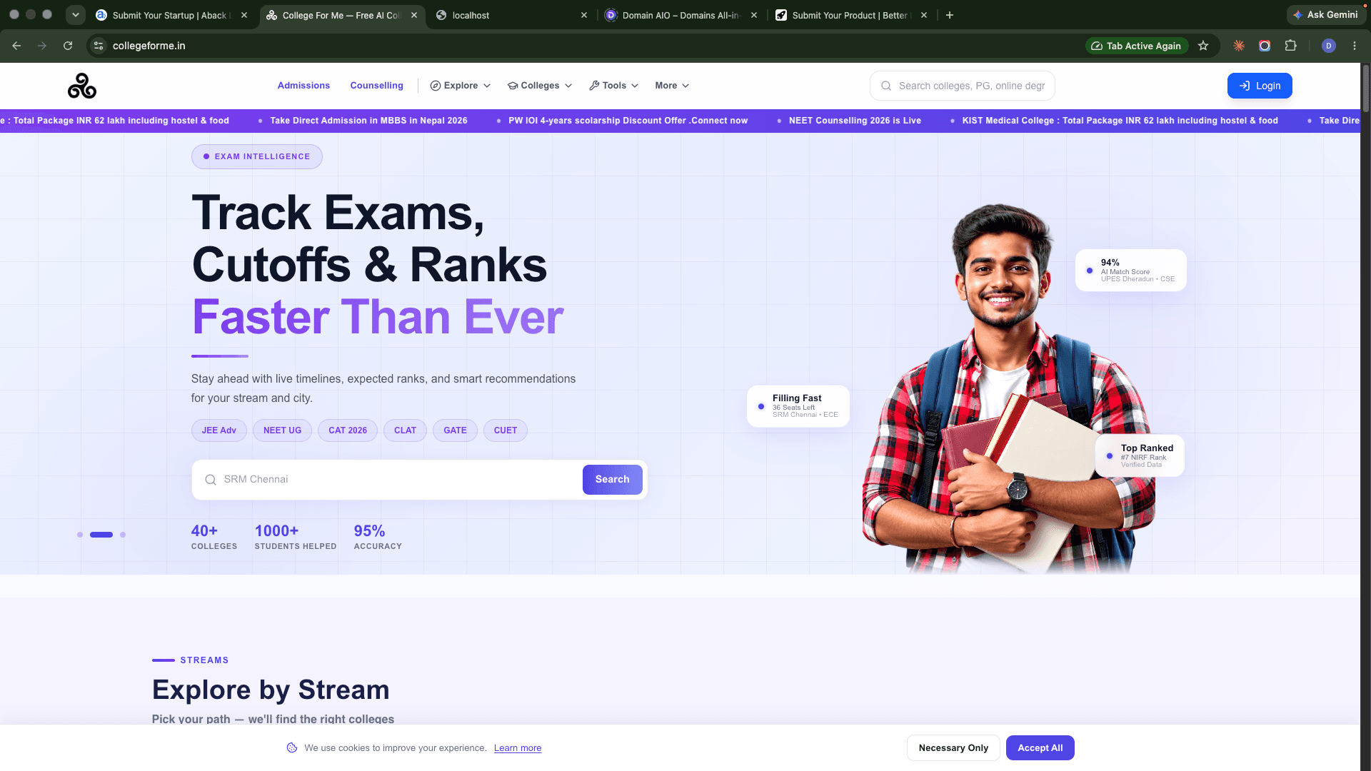 Collegeforme product preview for startup listing on Aura++