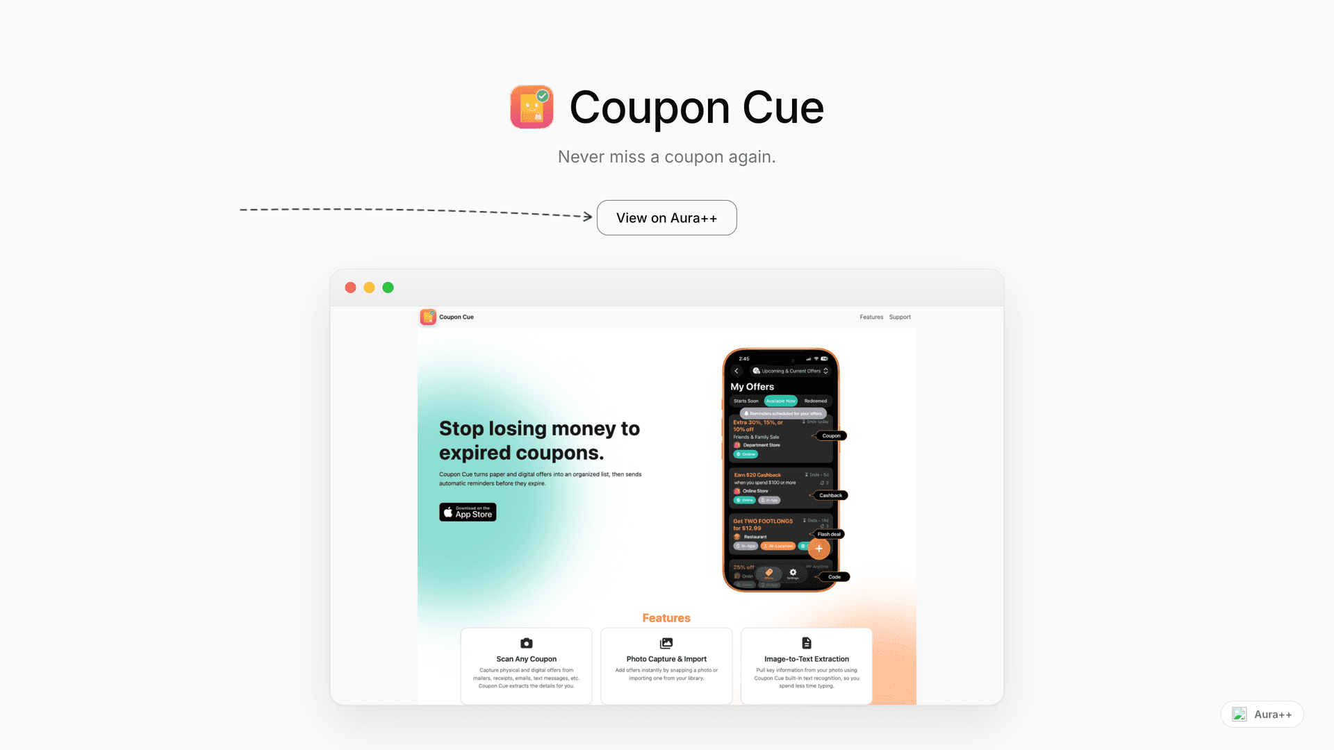 Coupon Cue launch story featured image on Aura++