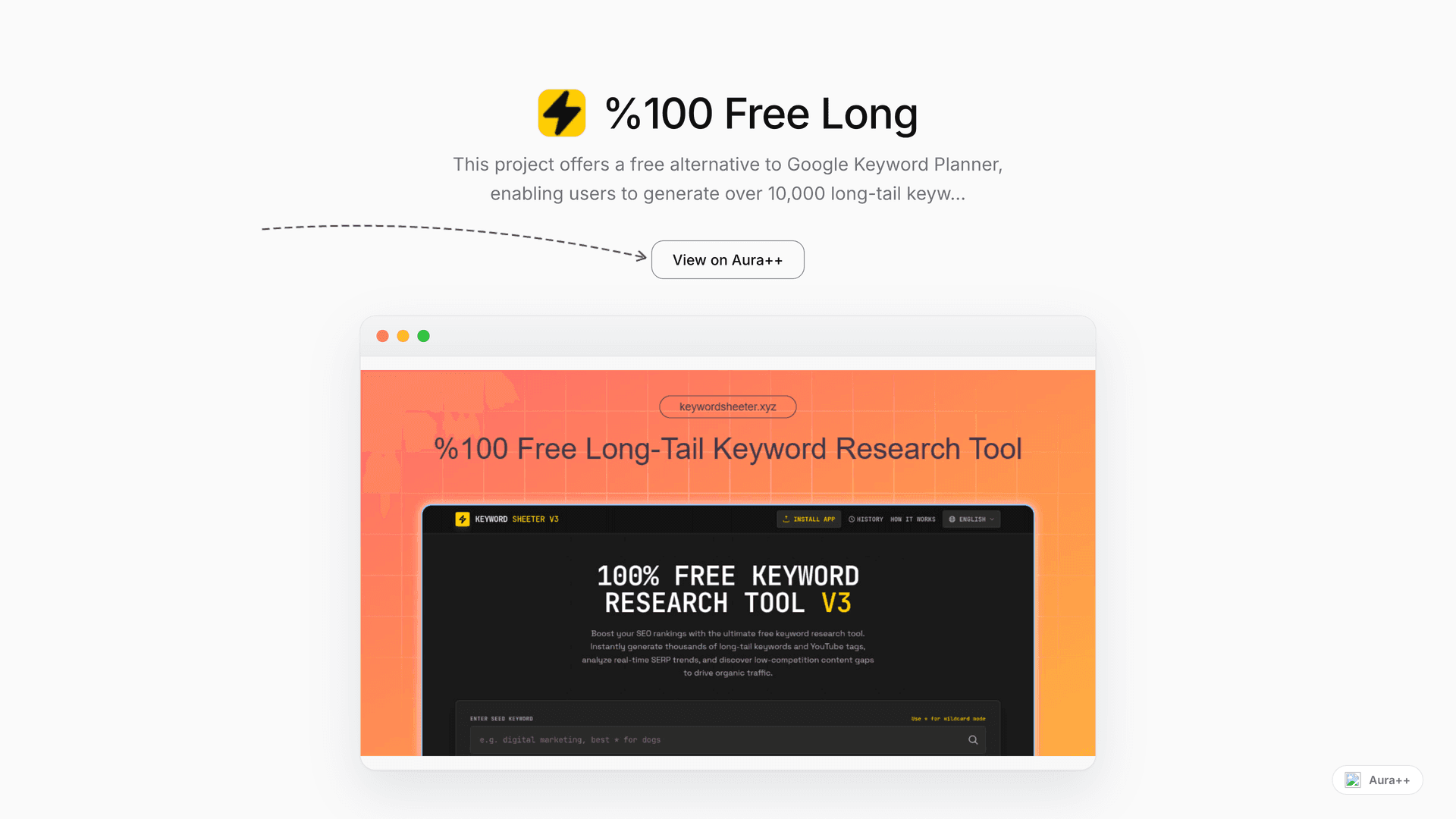 %100 Free Long-Tail Keyword Research & Generator Tool launch story featured image on Aura++