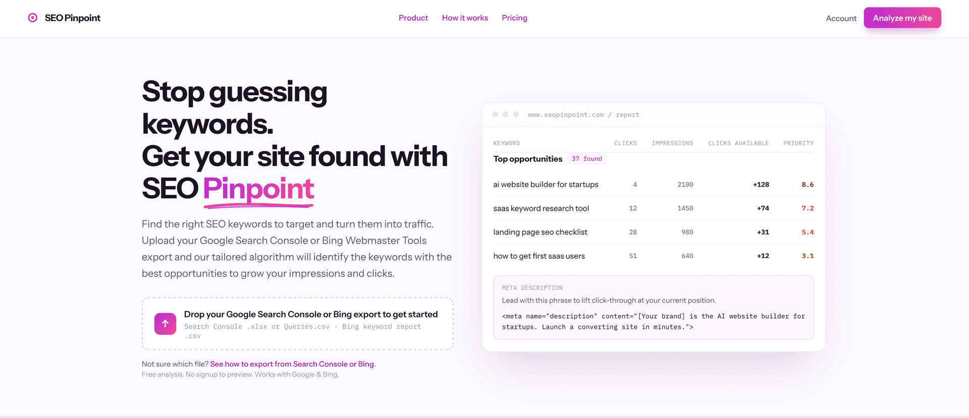 SEO Pinpoint product preview for startup listing on Aura++