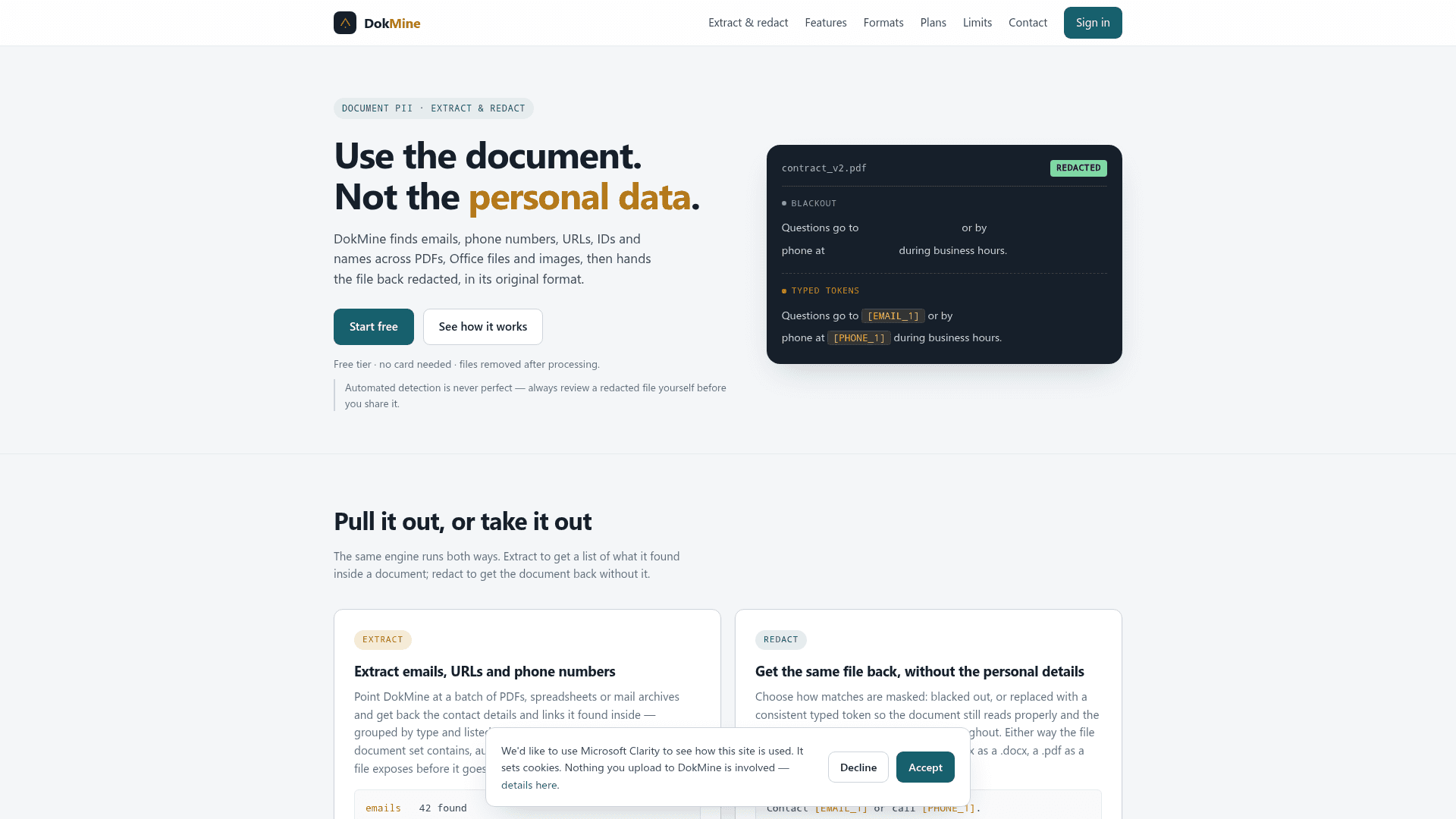 DokMine Data Redaction & Extraction product preview for startup listing on Aura++