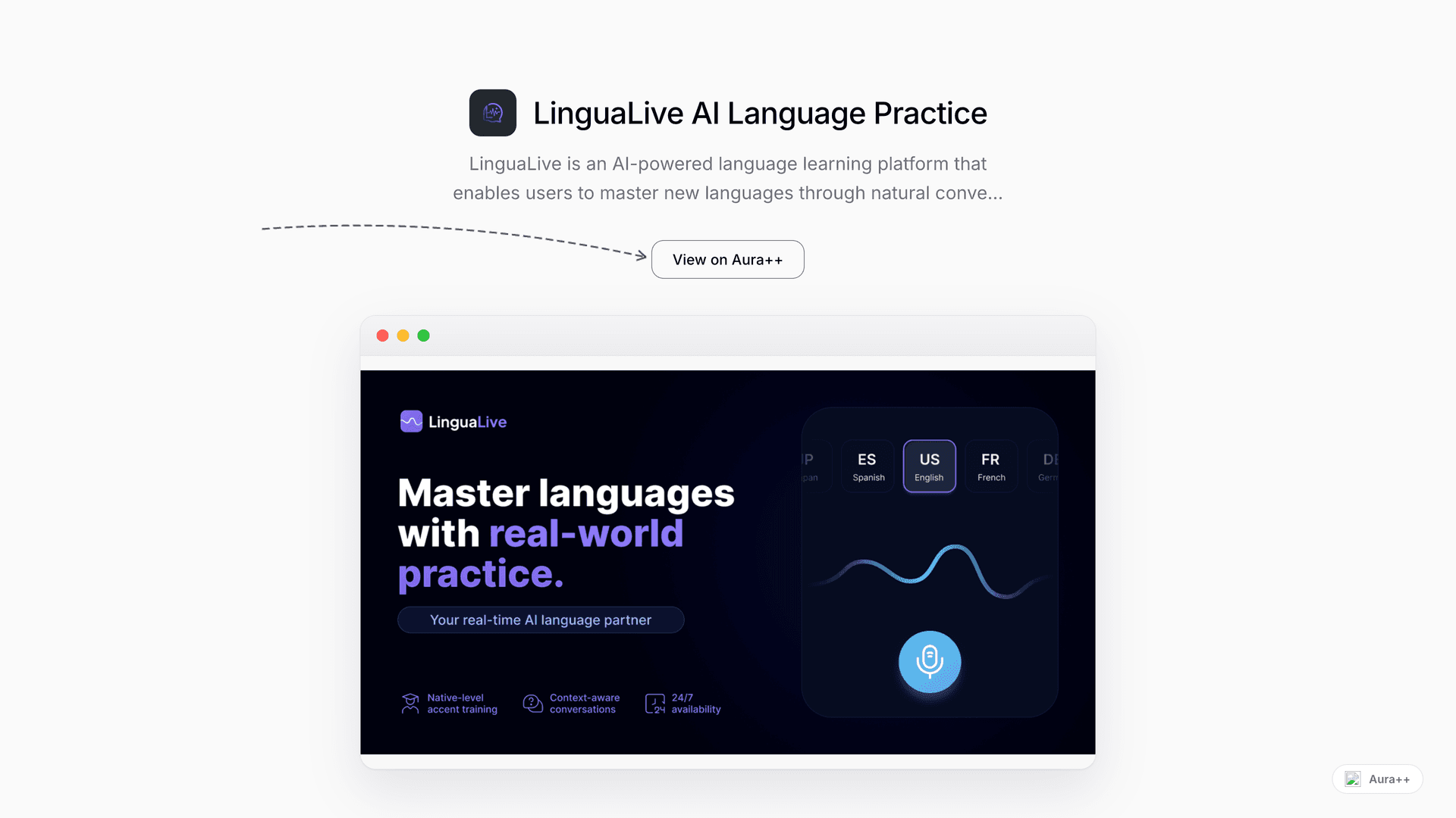 LinguaLive AI Language Practice launch story featured image on Aura++