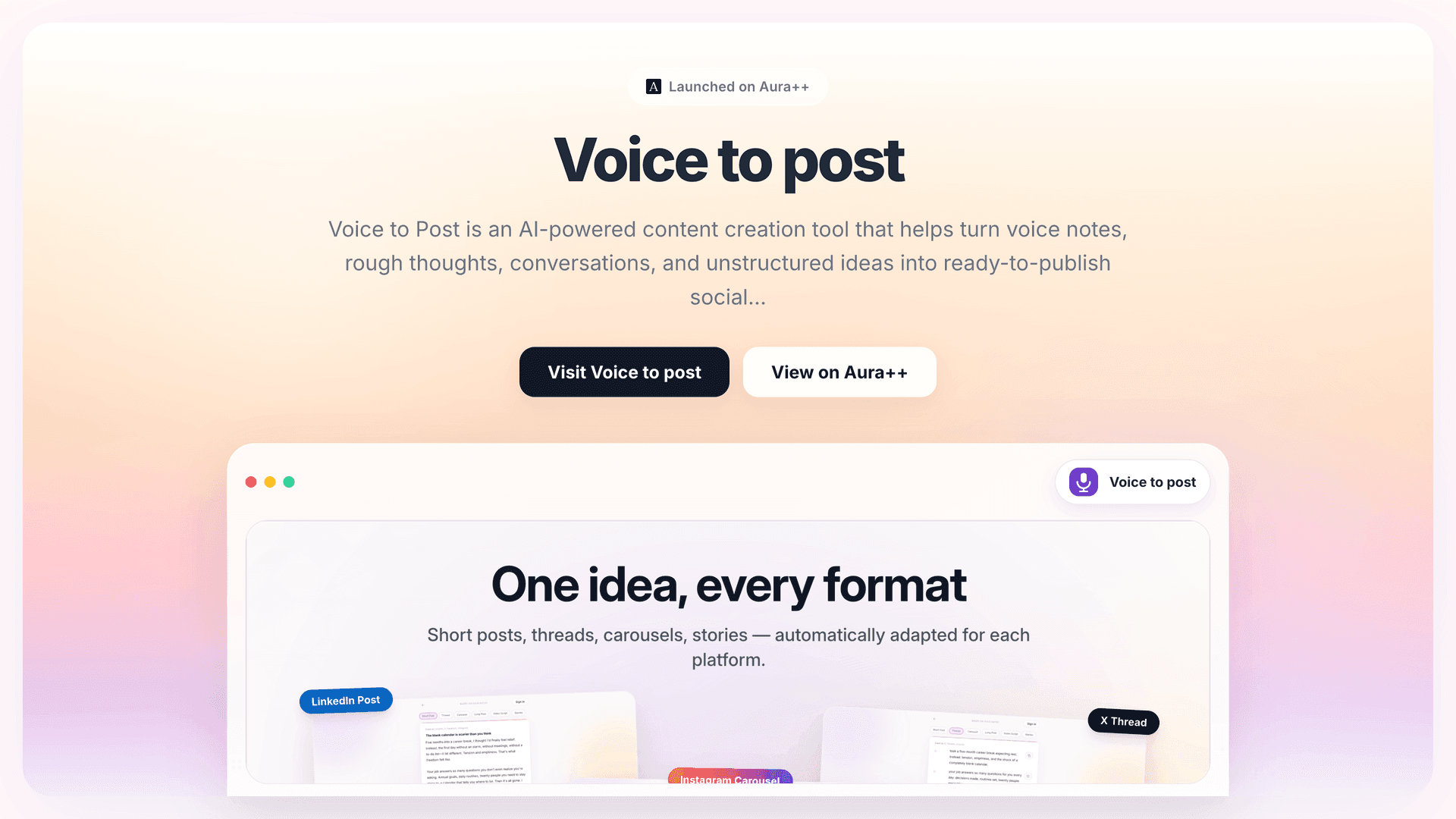 Voice to post launch featured image on Aura++