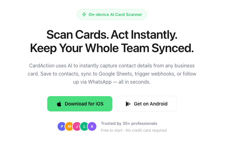 CardAction: AI Business Card Scanner product preview for startup listing on Aura++