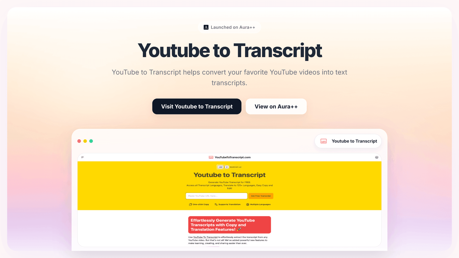 Youtube to Transcript launch story featured image on Aura++
