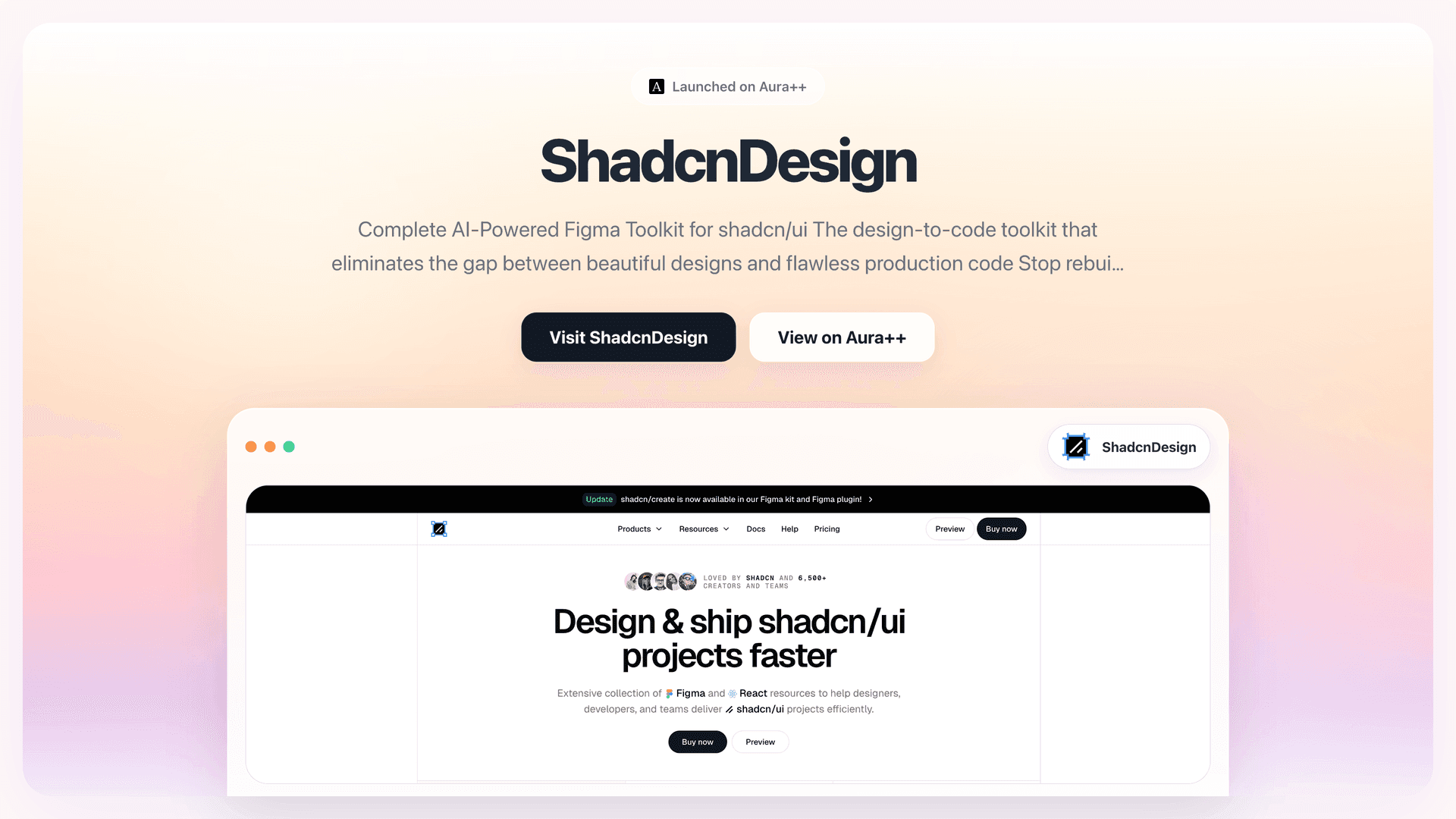 ShadcnDesign launch featured image on Aura++