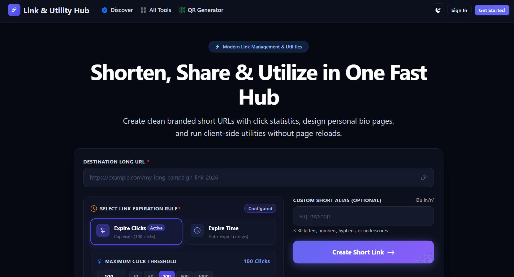 Temporary Link Shortener & Link in Bio product preview for startup listing on Aura++