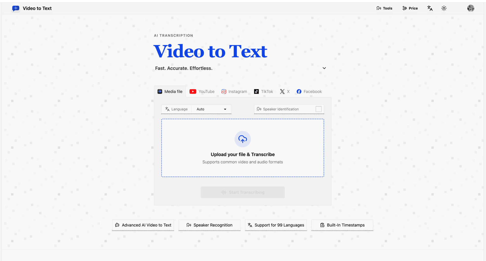 AI Video Transcription Tool product preview for startup listing on Aura++