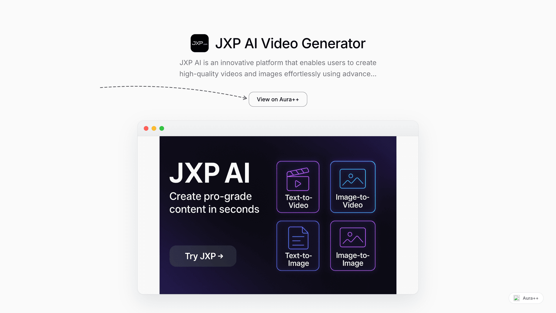 JXP AI Video Generator launch featured image on Aura++