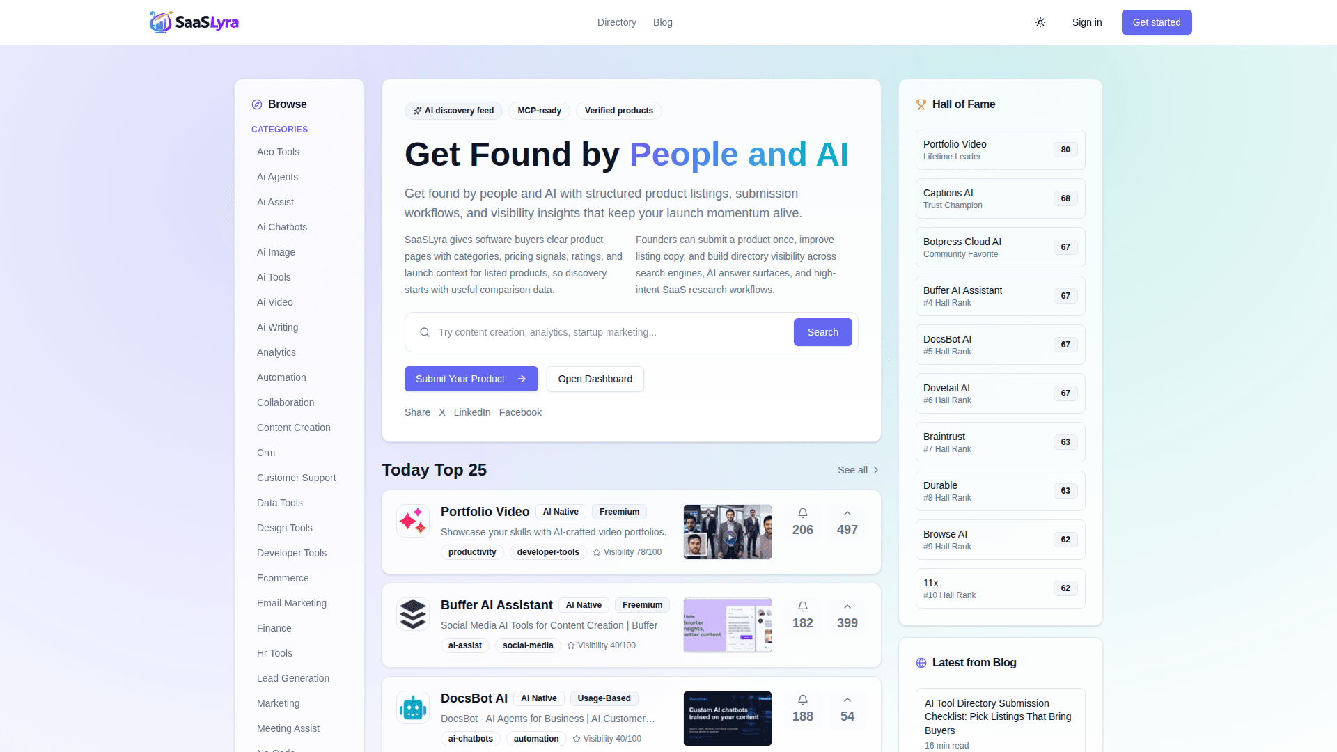 SaaSLyra: SaaS Product Directory & Visibility product preview for startup listing on Aura++