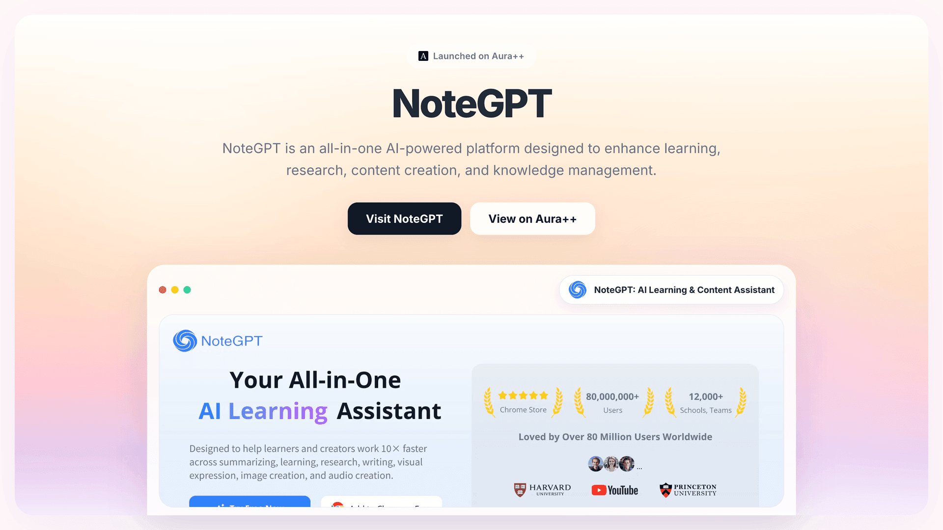 NoteGPT: AI Learning & Content Assistant launch story featured image on Aura++