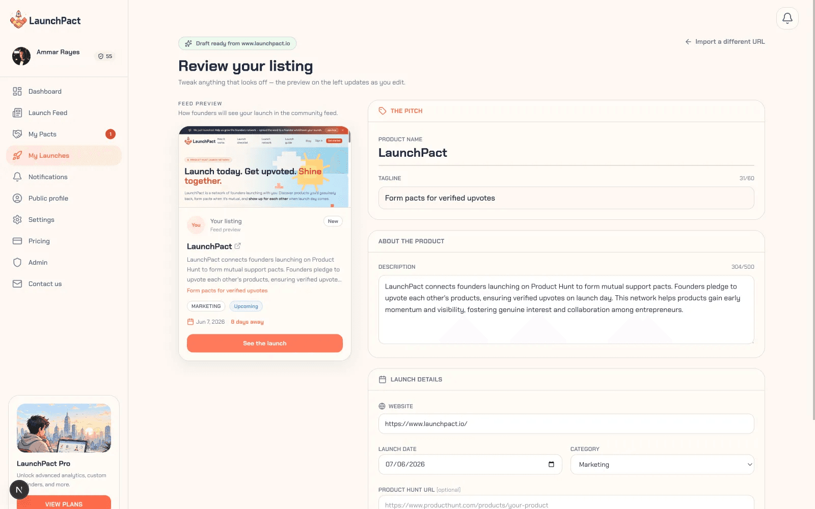 LaunchPact product preview for startup listing on Aura++