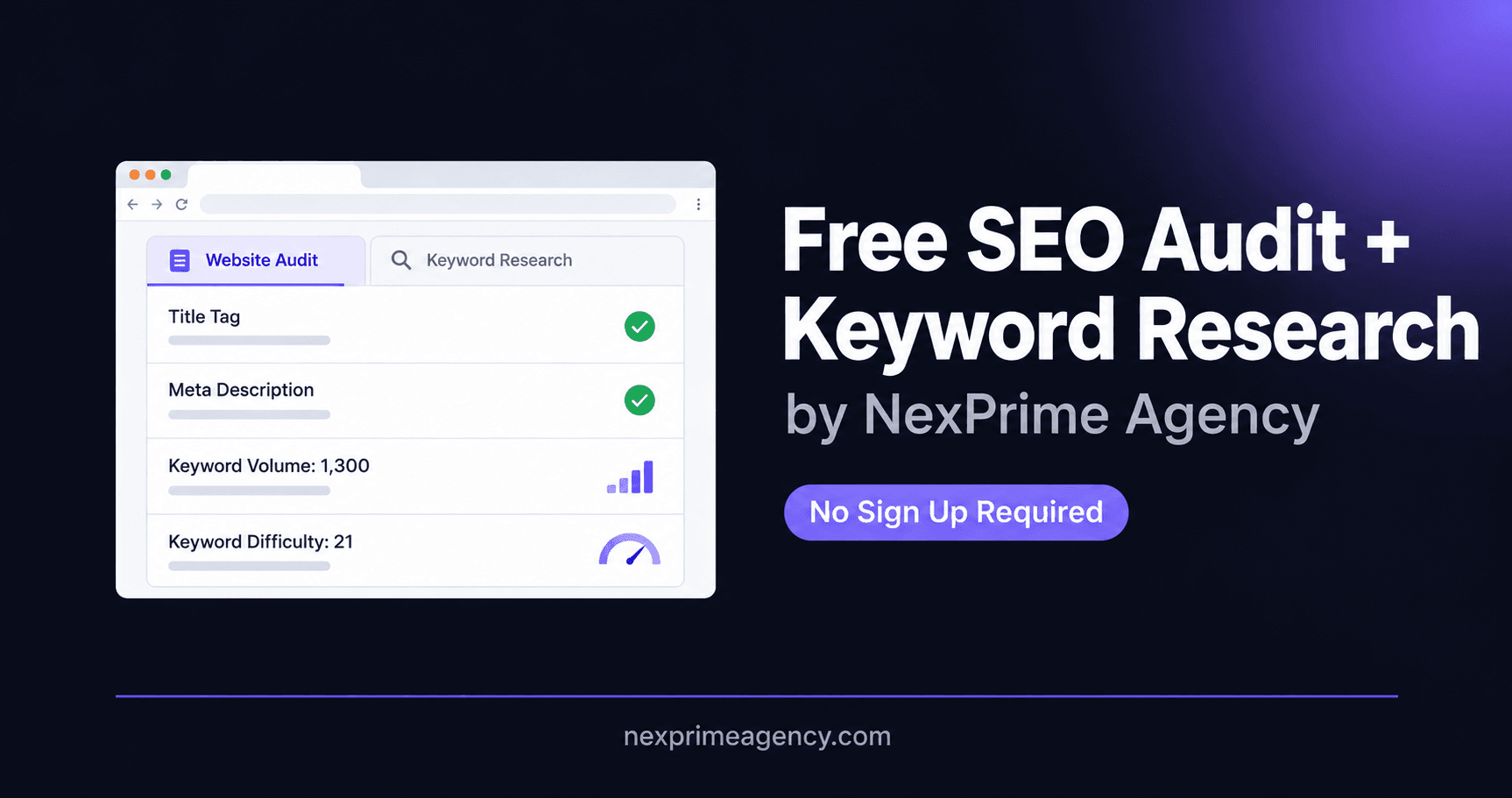 NexPrime Agency Free SEO Audit Tool product preview for startup listing on Aura++