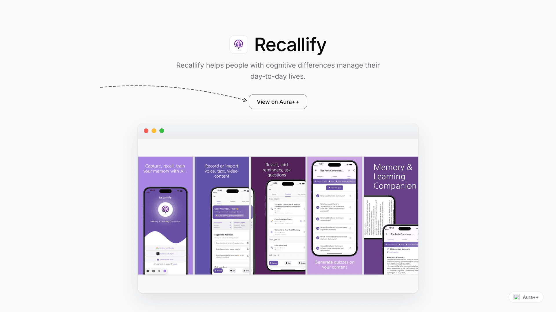 Recallify launch story featured image on Aura++