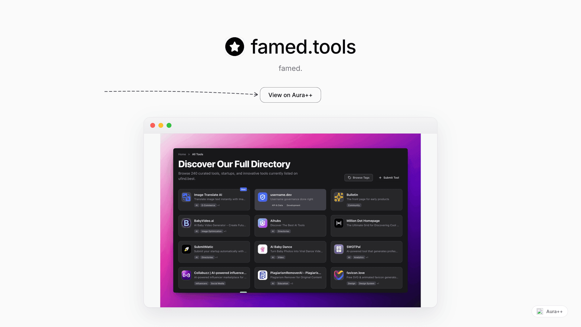 famed.tools - Curated Tool Directory launch story featured image on Aura++
