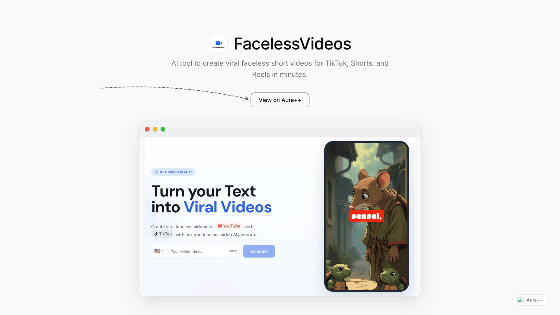 FacelessVideos launch featured image on Aura++