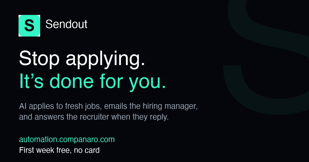 Sendout Job Application Automation product preview for startup listing on Aura++